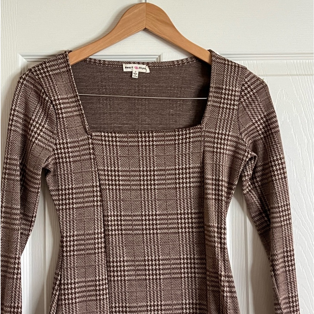 brown plaid long sleeve square neckline mini dress!